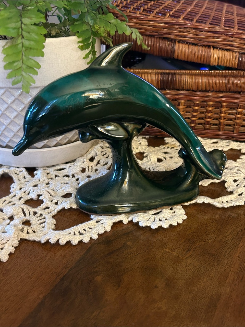 Vintage Blue Mountain Pottery Dolphin Figurine Canadian Green Drip Glaze Ceramic